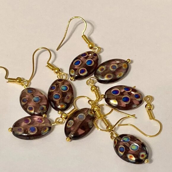 Murano Art Glass Oval Bead Earrings Czech Blue Circles Gold Plated HandMade - Picture 6 of 10